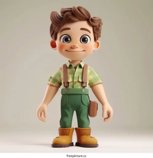 Cheerful Cartoon Boy with Brown Hair and Green Eyes