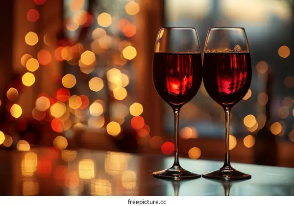 Two glasses of red wine on a table with a blurred background of Christmas lights.
