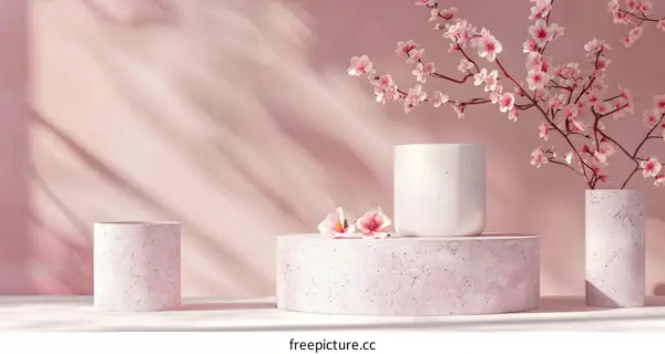 Minimalist White Vases with Pink Flowers on a Pink Background