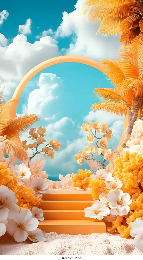 Summer Floral Scene with a Round Arch and Steps