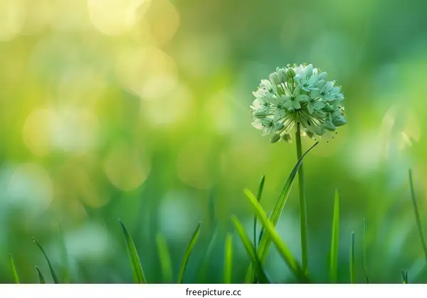 Single white flower in a green field with a blurred background