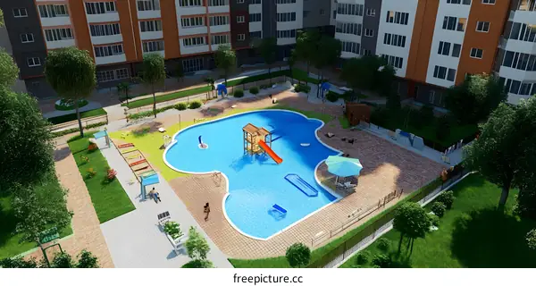 Aerial View of Residential Complex With Swimming Pool