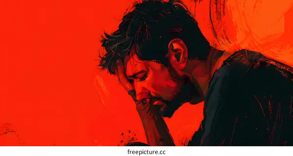 A dark illustration of a man holding his head in his hand with a red background