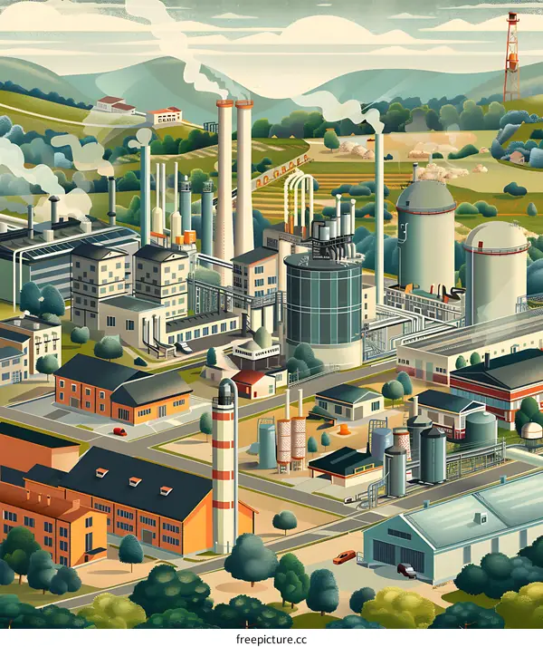 Industrial Complex Illustration with Green Hills and Smoke Stacks