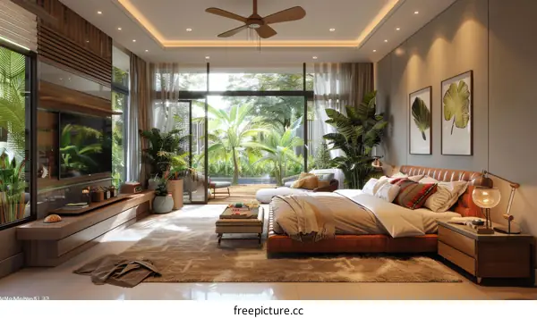 Tropical style bedroom interior with wood furniture