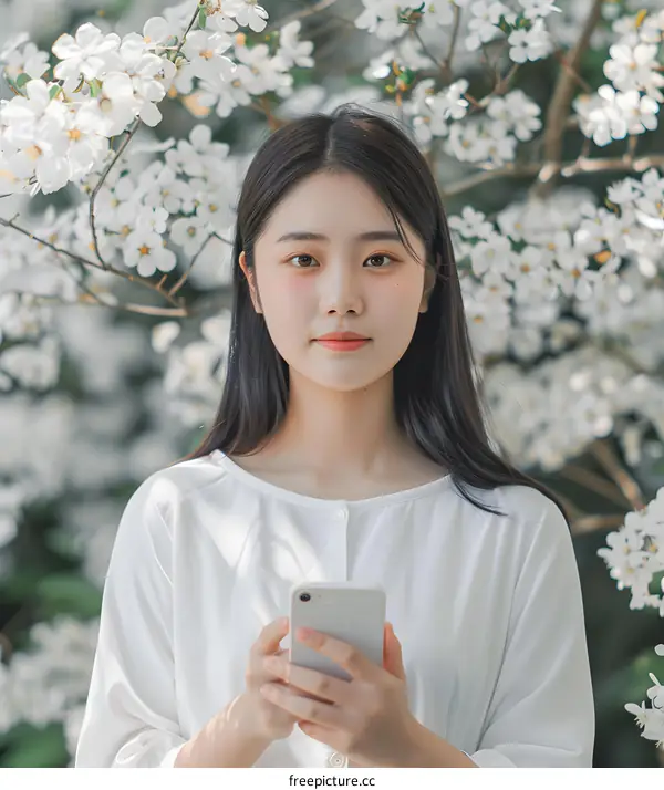 Young Asian Woman Using Phone in a Garden