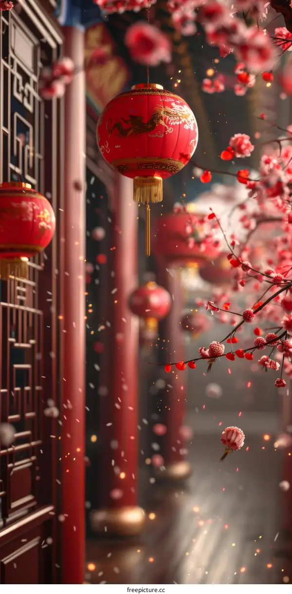 Chinese New Year's Celebration with Red Lanterns Hanging Under Cherry Blossom Trees