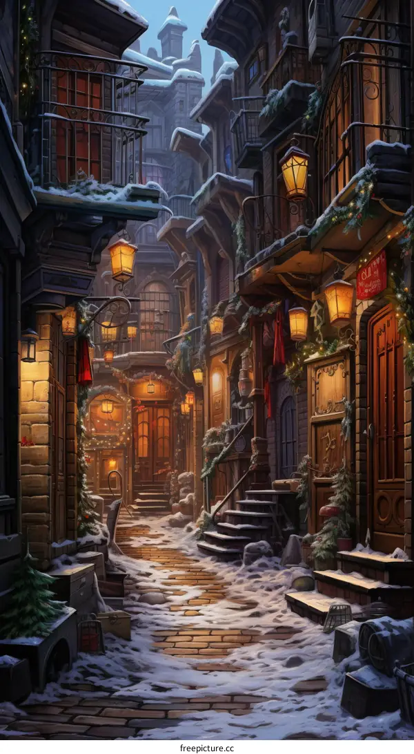 A snowy street in a European city during Christmas time