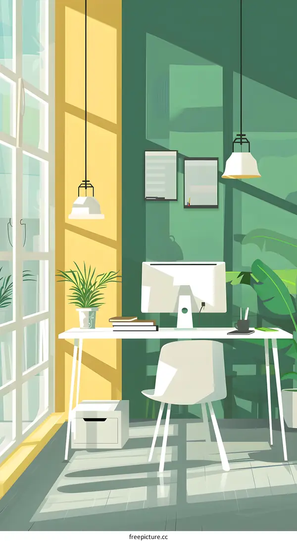 Minimalist Home Office Desk With Green And Yellow Walls