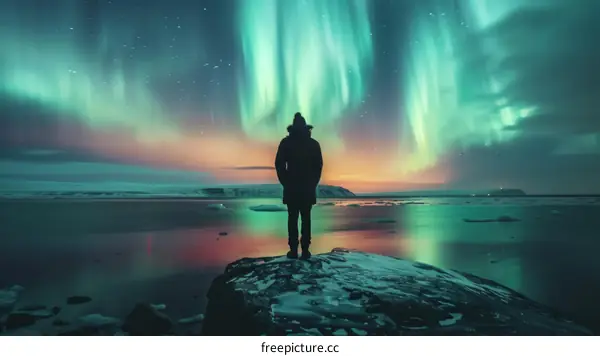 Solitary Man Awestruck by the Aurora Borealis