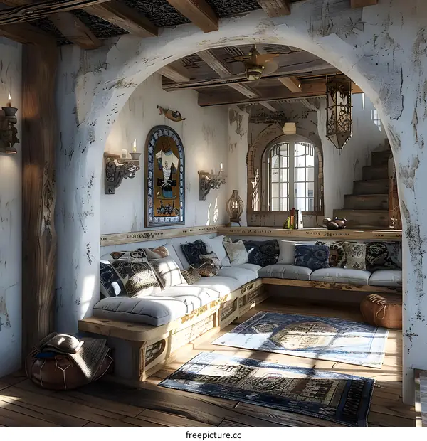 Rustic Mediterranean Living Room Interior Design with White Walls and Wooden Beams