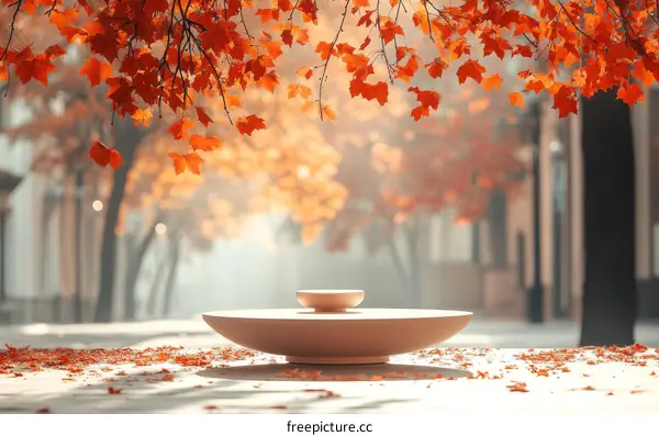 Autumnal Cityscape with Fallen Leaves and Modern Bench