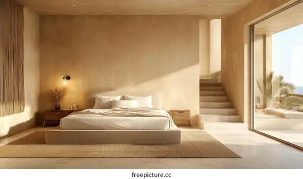 Beige Minimalist Bedroom with Ocean View Illustration