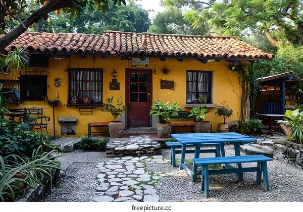secluded mexican courtyard with colorful buildings and blue bench