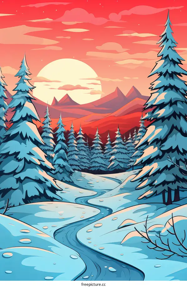 Snow-covered pine trees in a winter forest with a river running through it and a large moon in the background