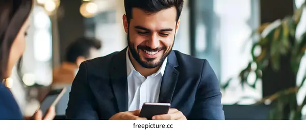 Smiling Man Using Smartphone While Sitting at a Table
