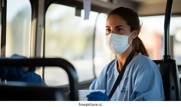 Young woman wearing a surgical mask on a bus