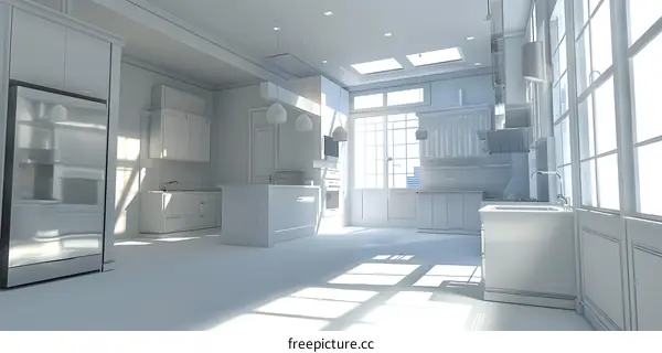 Modern White Kitchen Interior Design 3D Rendering