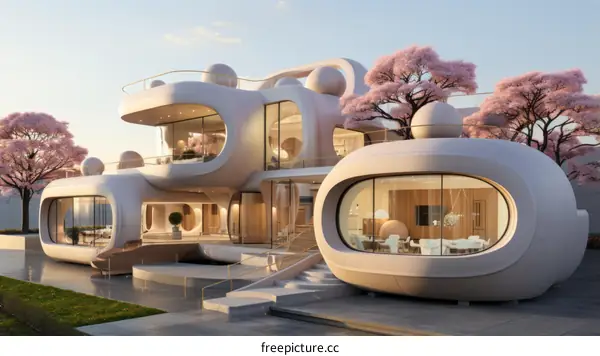 Modern Luxury Villa with Pink Trees and Large Glass Windows