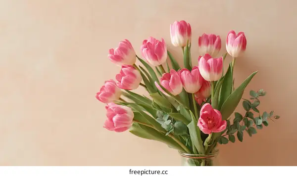 Pink Tulips Bouquet on Pastel Background