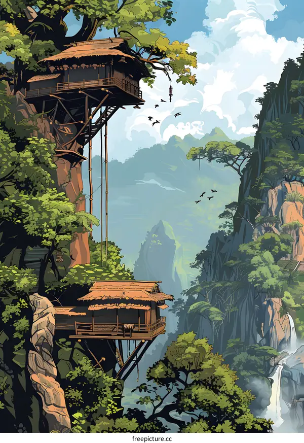 Jungle Landscape With Two Tree Houses Built Into The Side Of A Cliff