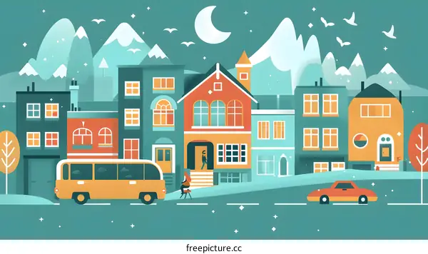 Nighttime Cityscape with Snowy Mountains and People Walking