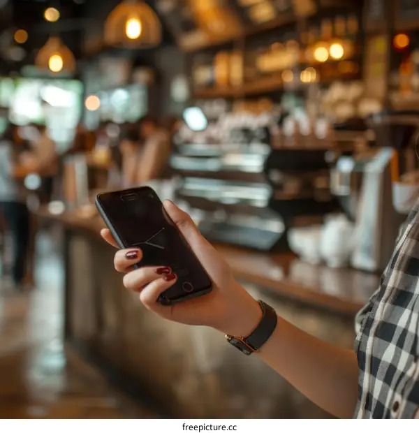 Close-up of woman's hand holding a smartphone in a coffee shop