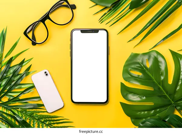 Summer Phone Mockup on Yellow Background with Green Tropical Leaves