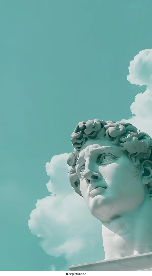 White Marble Statue Head with Blue Sky and Clouds