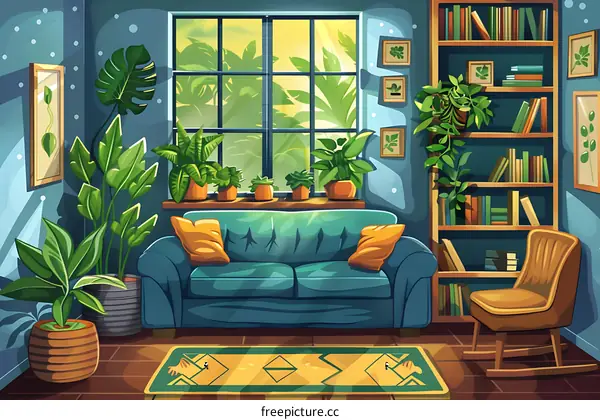 Cozy Living Room with Large Window and Bookcase