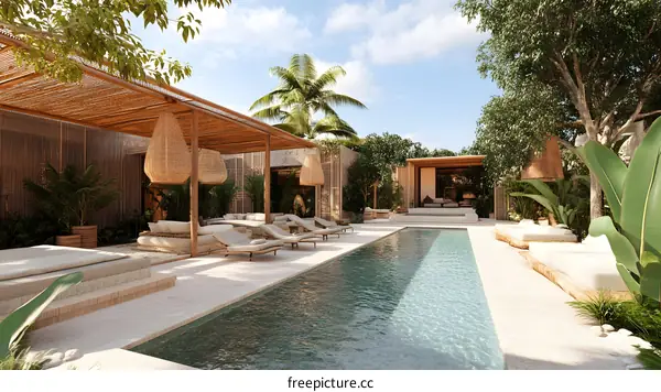 Tropical Poolside Paradise with Lounge Chairs and Lush Greenery