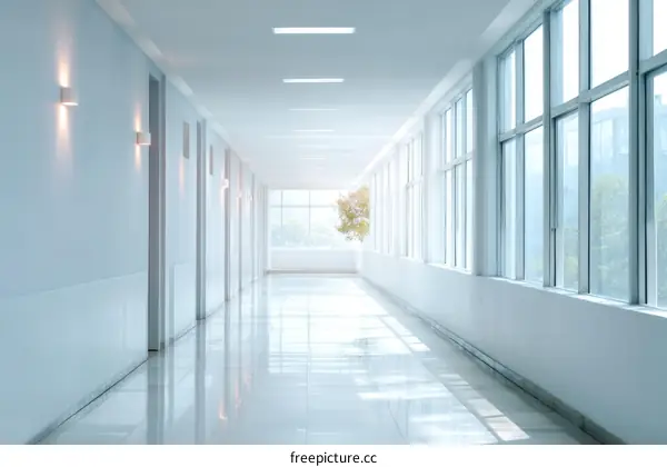Modern Hospital Corridor Interior with Natural Light