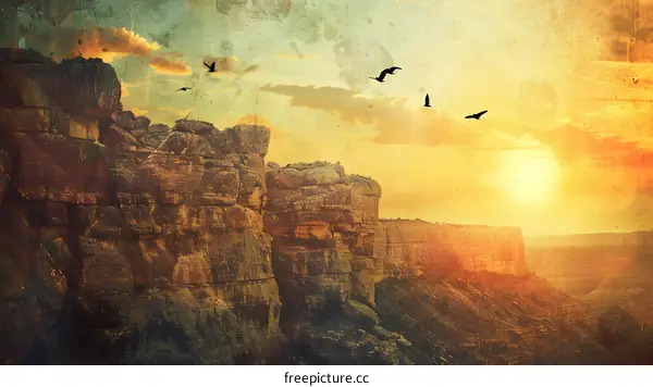 Silhouettes of Birds Flying Over Cliff Against Sunset Sky