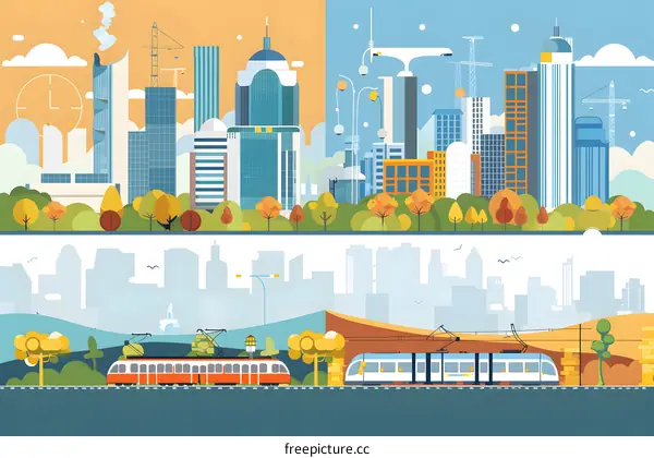 Cityscape with Modern Buildings and Transportation