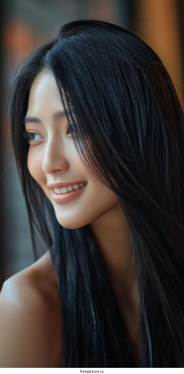 Portrait of a beautiful smiling Asian woman with long black hair