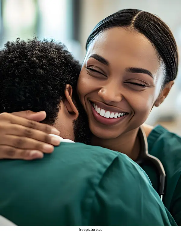 Smiling Nurse Hugging Patient After Good News