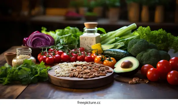 Fresh Vegetables and Fruits on a Wooden Table