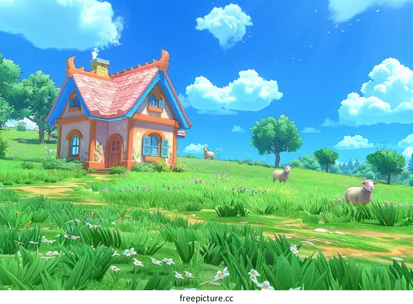 A colorful cartoon house in a grassy field with sheep