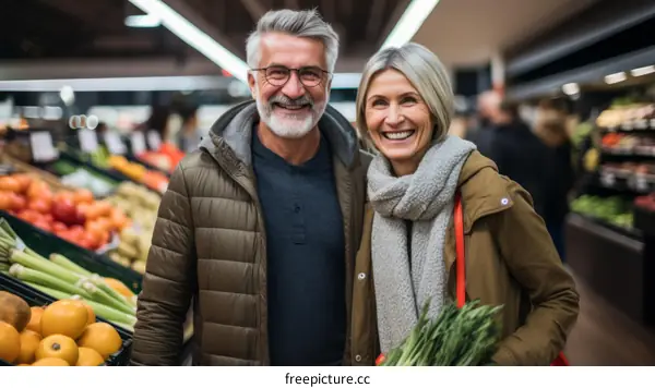 Happy senior couple shopping for groceries together