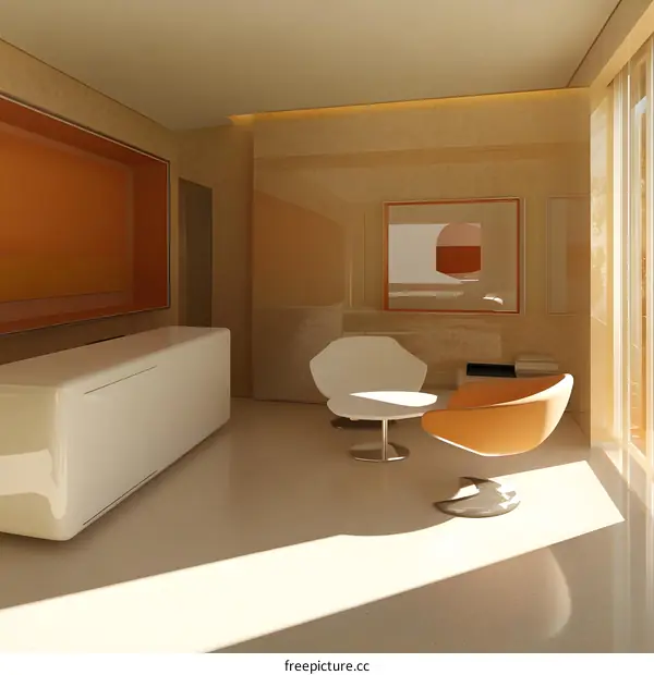 Modern Minimalist Interior Design With Orange And White Furniture