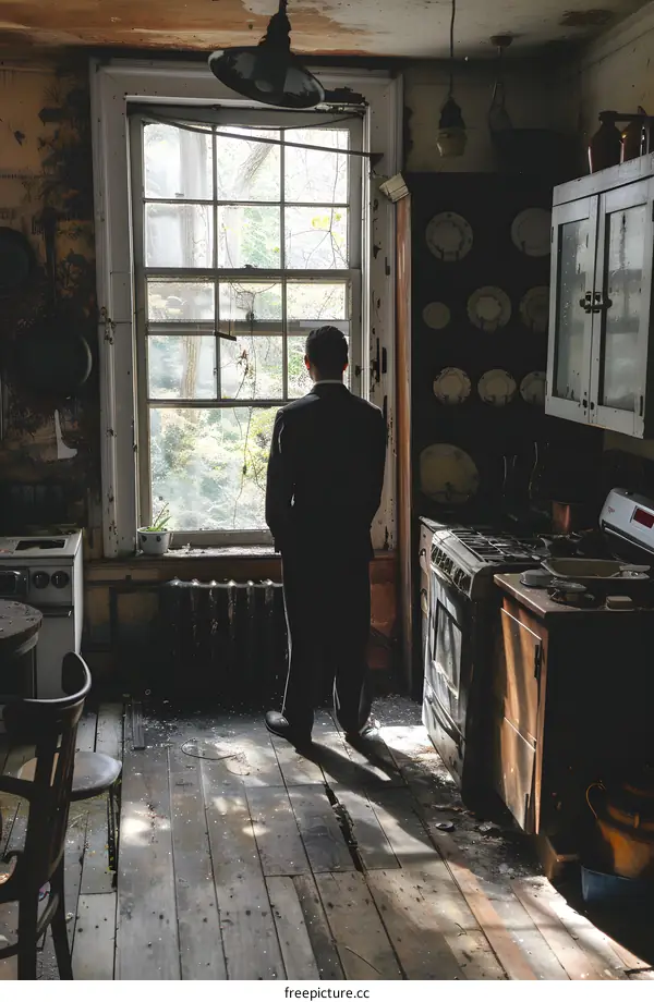 Man in suit looking out the window in an abandoned house