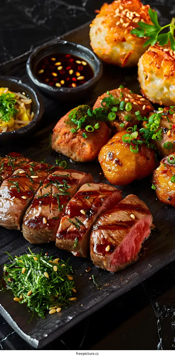 Sliced steak and potatoes on a black plate
