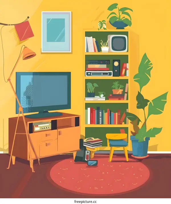 Retro Living Room Interior Design with Bookshelf and TV