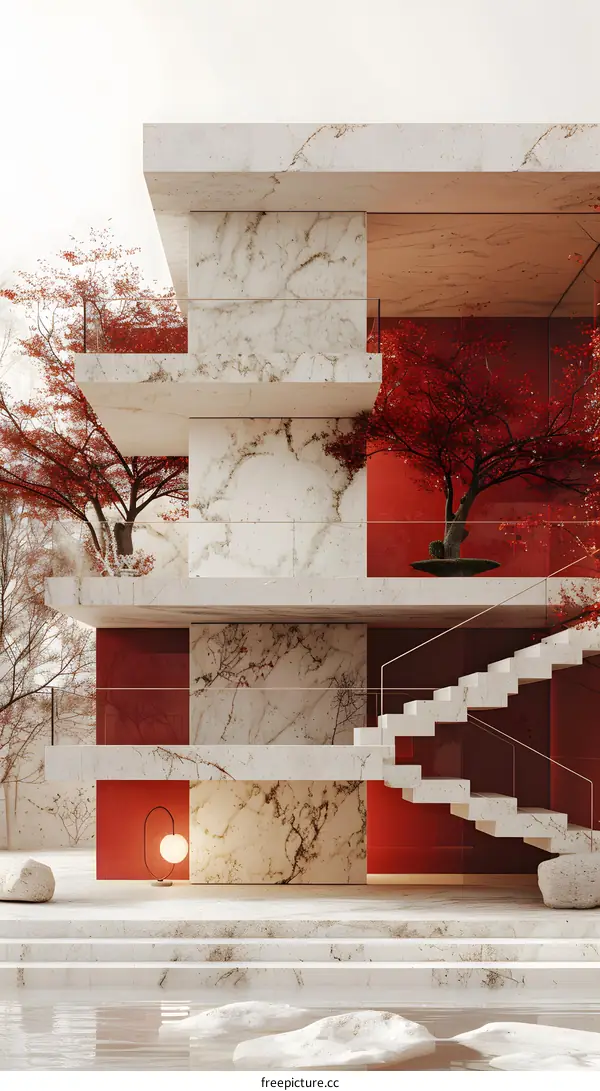 Minimalist Architecture with Red Accents and Marble Walls