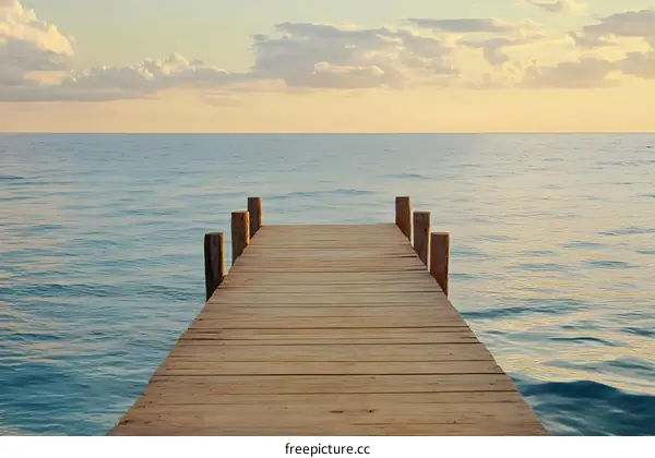 Wooden Pier Extending Out Over Calm Ocean Water