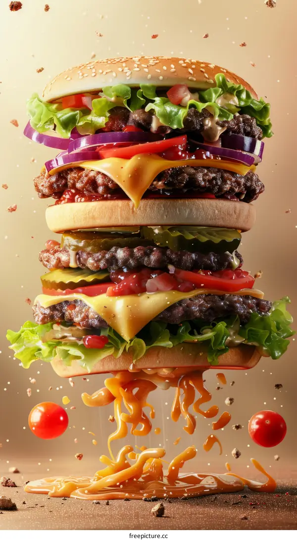 A mouthwatering triple cheeseburger with all the fixings