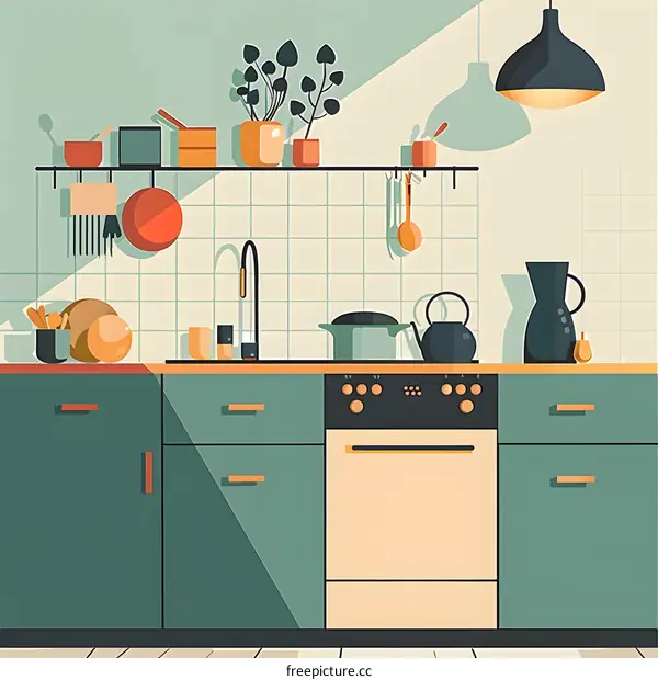 Modern Kitchen Illustration with Teal Cabinets and a Pot on the Stove