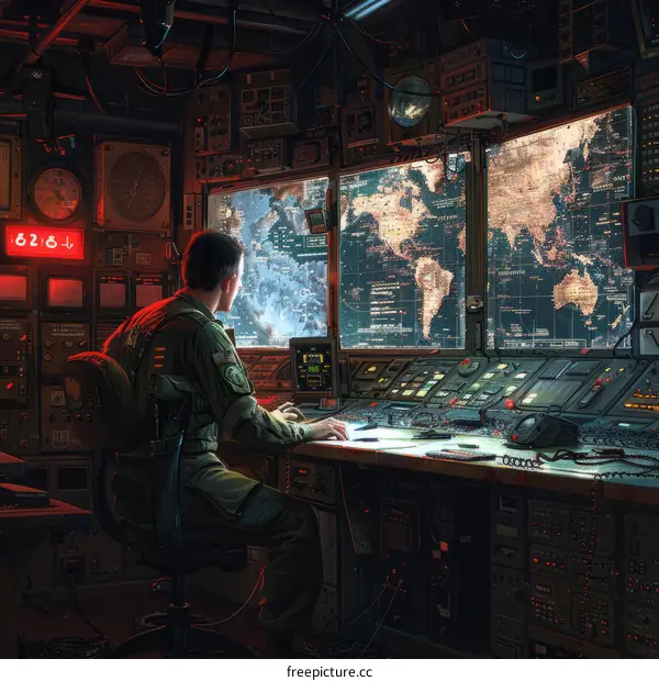 A soldier sits at a console in a military command center.