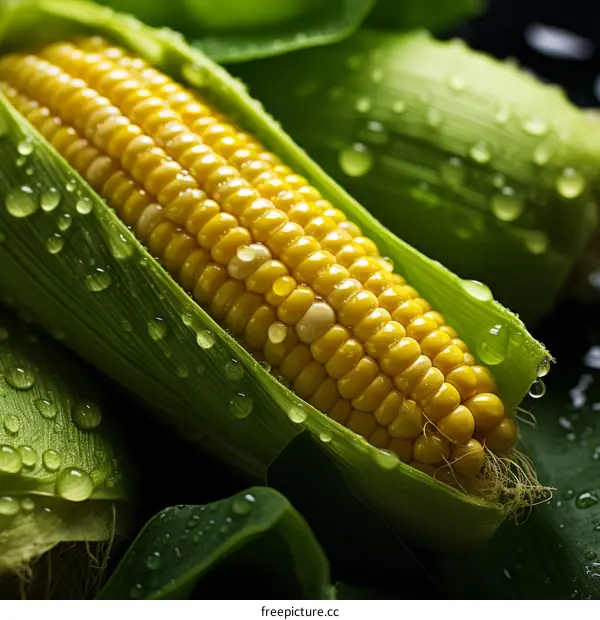 Fresh Corn Cob with Green Leaves and Water Droplets