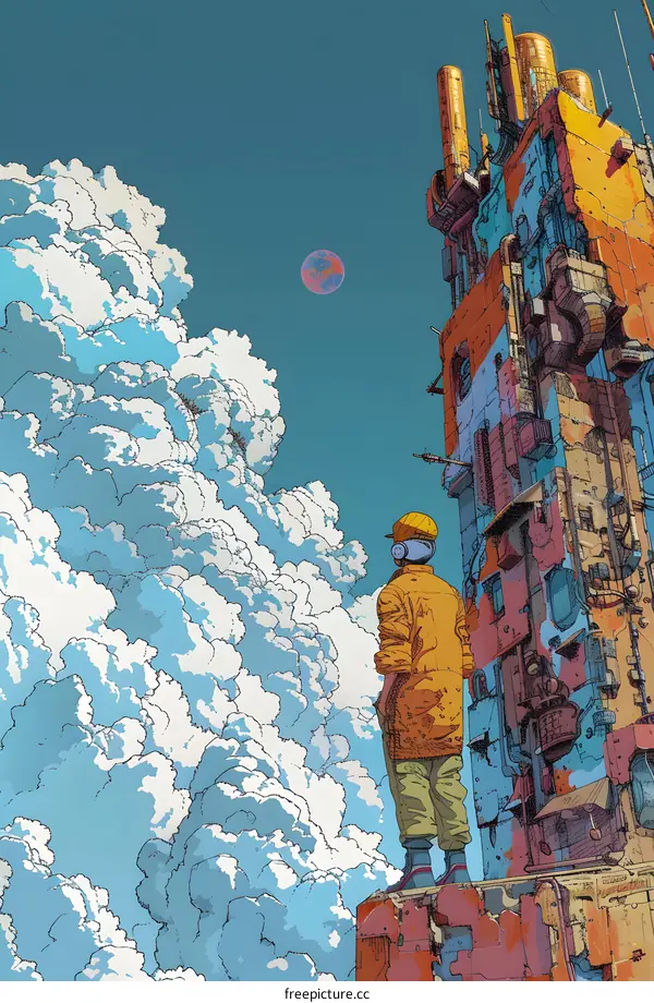 A man standing on a rooftop looking at a distant moon